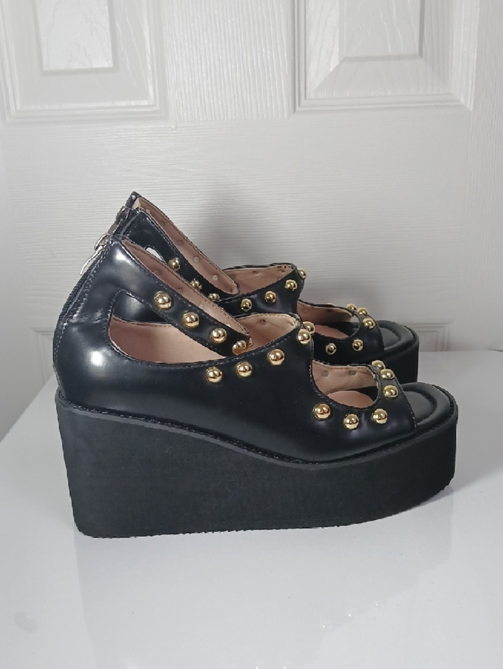 Black Studded Steampunk Goth Chunky Platform Open Toe Ankle Strap Sandals - Picture 8 of 16